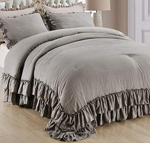 QSH Graues Rüschen-Bettwäsche-Set für King-Size-Betten (269,2 x 233,7 cm), 3-teilig, Shabby-Boho-Chic-Bettwäsche-Set, ultraweiche, leichte Mikrofaser-Innenfüllung, graue, flauschige Vintage-Steppdecke
