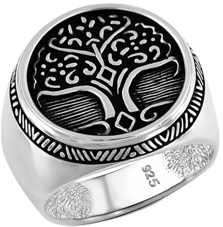 Massiver 925er Sterlingsilber Baum des Lebens Siegelring für Herren, 33 cm, Metall, Achat