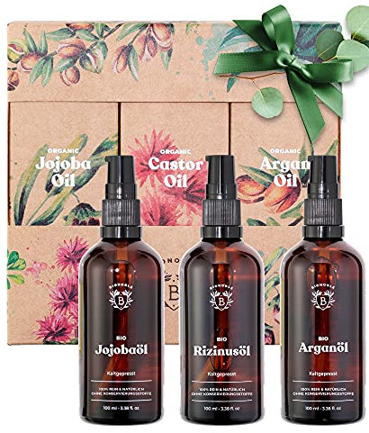 Bionoble Coffret Beauté Femme 3x100ml - Huile de Ricin, Huile d'Argan et Huile de Jojoba Bio - Soins pour le visage, le corps et les cheveux - Coffret Cadeau Femme
