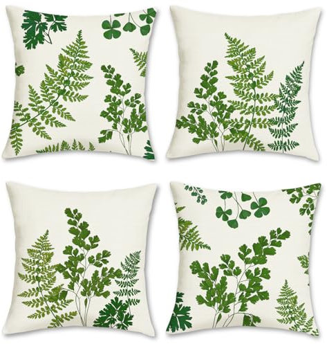Bonhause Fern Leaves Cushion Covers 45 x 45 cm Green Botanical Leaf Decorative Throw Pillow Covers Polyester Linen Pillowcases for Sofa Garden Outdoor Decor Set of 4