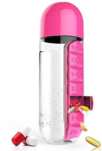 RDJSHOP Pill Box Water Cup 7 Day Pill Box Dispenser, 2 in 1 Pill Organizer Water Bottle with Daily Pill Case Holder for Vitamin，fish Oil,Pink