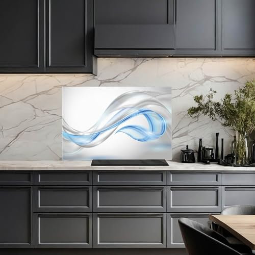 banjado Küchenrückwand Glas ohne Bohren 60x40cm – Glasrückwand Küche mit Motiv Blaue Welle/Spritzschutz Küchenrückwand Glas/selbstklebende Küchenrückwand Platte - magnetisch & beschreibbar