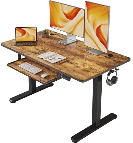 FEZIBO Height Adjustable Electric Standing Desk with Keyboard Tray, 120 x 60 cm Sit Stand up Desk with Splice Board, Black Frame/Rustic Brown Top