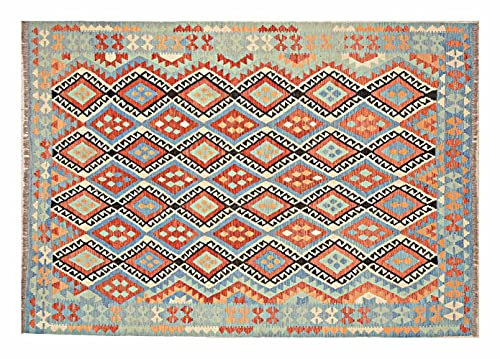 RUG PRINCE Afghan Maimana Kelim Teppich 200x300 Handgewebt Bunt Geometrisch Handarbeit q