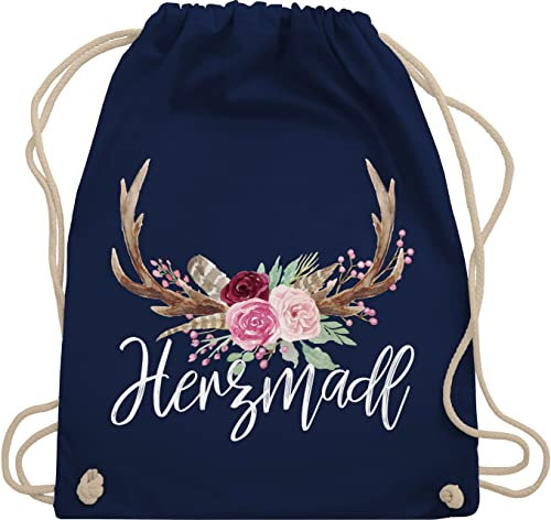 Turnbeutel Rucksack - Kompatibel mit Oktoberfest Tasche - Herzmadl - Unisize - Navy Blau - mitbringsel aus bayern trachtenrucksack bayrische madl beutel trachtentaschen bayrisch hirsch stoffrucksack