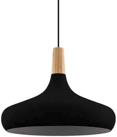 EGLO Pendelleuchte Esstisch Sabinar, Hängelampe für Wohnzimmer und Esszimmer, Esszimmerlampe aus Metall in schwarz und Holz in Natur, FSC100HB, Lampe hängend mit E27 Fassung, Ø 40 cm