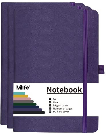 Mlife 3Pack A6 Klein Journal Notizbuch, 192 Seiten, A6 Notizbücher Mini Hardcover mit elastischem Verschlussband und Falttasche (Lila)