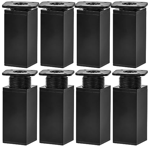 Btowin VCF Lot de 8 pieds de meubles réglables de 15 cm, pieds de support carrés noirs en alliage d'aluminium, hauteur réglable de 0 à 20 mm, pieds de rechange pour armoire, table, canapé, placard