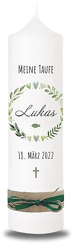 VILLA ROSA LOTTA - Personalisierbare Taufkerze Kommunionkerze Lukas mit Wunschdaten und Rückseite I Blumen Kranz Motiv I 25 cm x 7 cm I Taufkerzen für Jungen und Mädchen I Farbe elfenbein weiß
