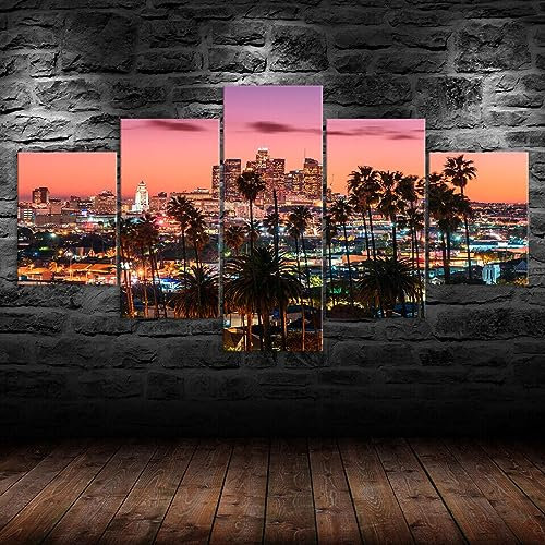 WAGYU 5 teilige leinwandbilder Los Angeles Skyline City Nacht Kunstdrucke 5 Teilig Vlies Leinwandbild,Wandkunst 5 stück Leinwand Bilder,Wohnzimmer Wand Dekoration,mit rahmen xxl bilder 200x100cm