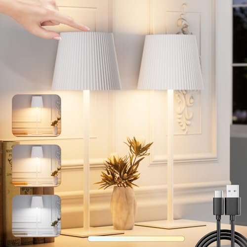 skelo Tischlampe Kabellos Dimmbare Touch LED Akku Tischlampe 3 Farbtemperatur Höhenverstellbar IP54 4000mAh Für drinnen und draußen geeignet Wiederaufladbar USB-C Metallmaterial Weiß 2 Stück