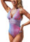 CUPSHE Maillot de bain une pièce pour femme Bretelles larges Col en V froncé texturé côtelé dos torsadé, Bleu ciel/rose, Taille L