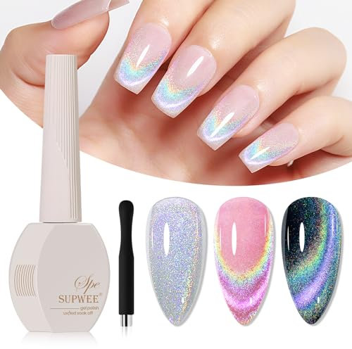 SUPWEE Cat Eye UV Gel Nagellack, 15ml Holographic Regenbogen Cat Magnet nagellack Universal Rainbow Magnetisch Gellack Katzenmagnet-Gel mit Magnetstift