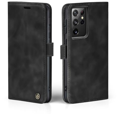 LBH Handyhülle für Samsung Galaxy S21 Ultra 5G in Schwarz mit Karten- und Geldfach Smartphone Hülle mit Standfunktion Flip Case Schutzhülle Magnetverschluss Vintage