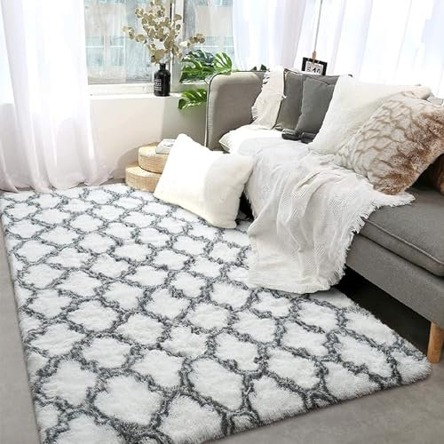 GJWLaie Rugs Living Room Grey Area Rugs for Bedroom Anti Silp Soft Shaggy Tie-Dye Plush Fluffy Living Room Rug Indoor Home Kidsroom Decor Carpet(White&black 120 * 160cm)