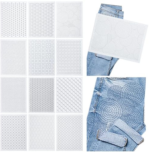 FREEBLOSS 12 Stück Sashiko Stickmuster Wasserlösliche Stickübertragungsmuster Schablonen Stick Und Stichstickpapier Sashiko Vorlage Zum Nähen Handquilten Und Sticken 29.7 × 21cm