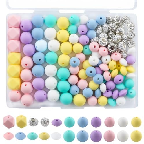lovyomi 120Pcs Multicolor Silicone Beads Set, 14mm Hexagon 12mm 15mm Silicone Beads for Keychain Making and 10mm Rhinestone Round Beads Spacer Beads for Pens Crafts(Warm)