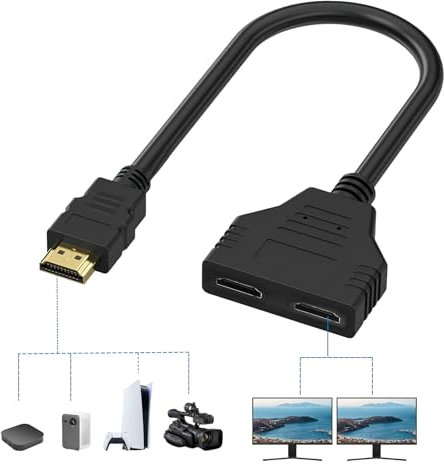 Garnirise HDMI Splitter for Dual Monitors, 1080P@30HZ, 2 Port with 1ft HDMI Cable, 1080p HDMI Male to Dual Female 1 to 2 Way Distributor for HDTV HD, LED, LCD Monitor and Projectors