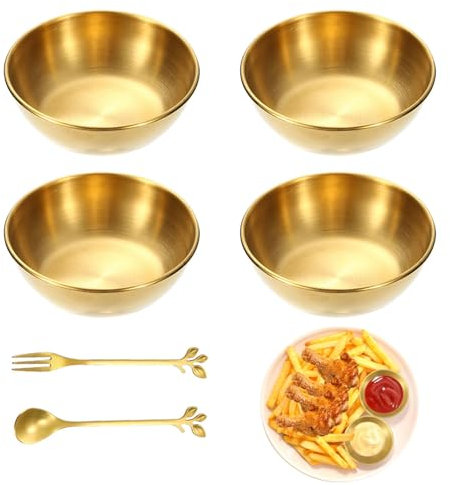 Xiciki 6Pcs Dipping Bowls Set, Gold Stainless Steel Dipping Bowls, Soy Sauce Dish with 1 Spoon & 1 Fork Small Bowls for Dips for Sushi Dips Ingredients Appetizer Sauce Nibbles