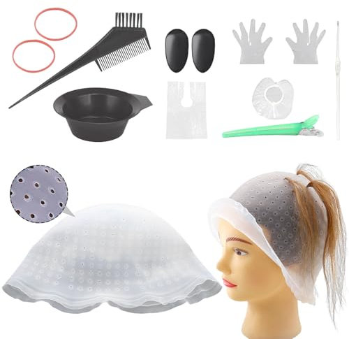 DBAILY Cuffia per capelli, 12 pezzi, set di tinture per capelli, con fori già punzonati, riutilizzabile, con pettine per capelli, spazzola colorante, copriorecchie, fermagli per capelli