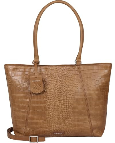 Burkely Cool Colbie Wide Tote 15.6 – Cognac Hunter Leder Laptoptasche für Damen – Weiche Bürotasche im Croco-Look