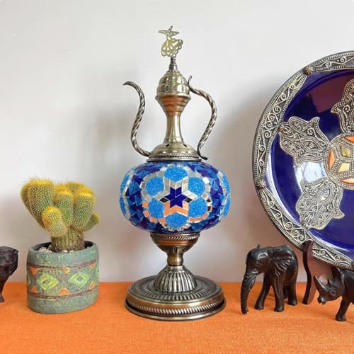 BOTOWI Turkish Pitcher Lamp Mosaic Teapot Table Lamp Antique Bohemian Decorative Glass Lamp Moroccan Vintage Lamp Shade Bedside Stained Glass Desk Light for Gifts Bedroom Bar Cafe,Blue