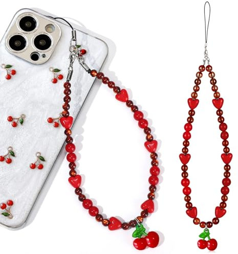 Wincredulous Phone Charms Strap Charm Cellphone Case Lanyard Wrist Strap Beaded Chain String for Earphone Case(Cherry Red,1PC)