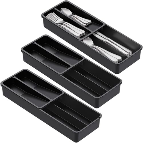 Lifewit Lot de 3 range-couverts compacts, 42 x 14,5 x 6 cm, pour tiroirs, 4 compartiments, panier à couverts, organisateur de couverts de cuisine, pour cuillères, fourchettes, couteaux, noirs