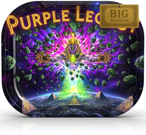 PURPLE LEGACY® Rolling Tray 34 × 27,5 × 2,7 cm, lamiera di metallo, design cyberpunk egiziano, pratico vassoio con angoli arrotondati (Conquest)