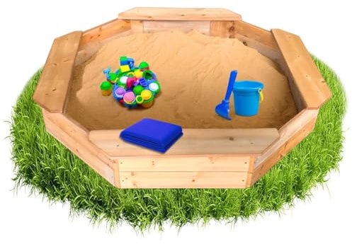 Coemo 8-eckiger Sandkasten Larry M Holz Braun inkl Blaue Abdeckplane, Schwarze Bodenplane 125x125x20 cm Sandkiste 4 Sitzbretter & Buddelkasten für Garten und Terrasse