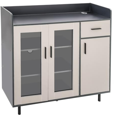 Küchenschrank mit Arbeitsplatte, Kaffeebarschrank, Küchenkommode mit 1 Schubladen, 3 Tür, Sideboard-Küche mit Transparente Glastür Drahtloch, Buffetschrank für Küche, Esszimmer, Wohnzimmer 100x34x92cm