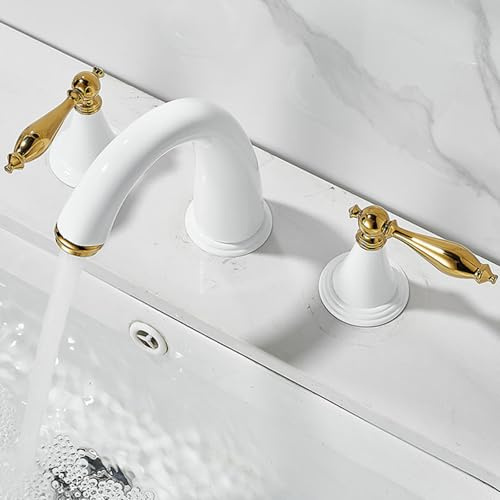 Mitigeur Lavabo 3 Trous Laiton Eau Froide et Chaude Double Poignée-Blanc + Or