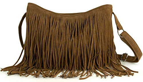 Hoxis Damen Quaste faux Veloursleder Hobo-Kreuz-Körper-schulter-Beutel -RIE-Beutel M Braun