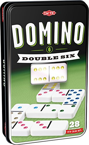 Tactic 53913 Double 6 Learn, Popular Table Classic Game for Friends & Family, 2+ Players, Coloured Dots for Easy Play, Sturdy Storage Tin, Plastic Dominoes That Last, Age 7+, Mixed