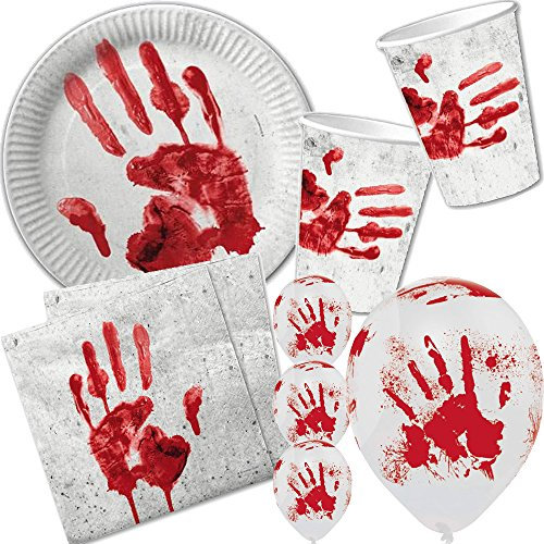 46-TLG. Halloween-Set * BLUTIGE Hand * mit Pappteller + Servietten + Pappbecher + Luftballons | Geschirr Party Deko Dekoration Geburtstag Mottoparty Horror Oktober