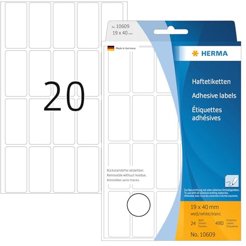 HERMA 10609 Vielzweck-Etiketten ablösbar, 480 Stück, 19 x 40 mm, 20 pro Bogen, selbstklebend, Haushaltsetiketten zum Beschriften, matt, blanko Papier Klebeetiketten Aufkleber, weiß