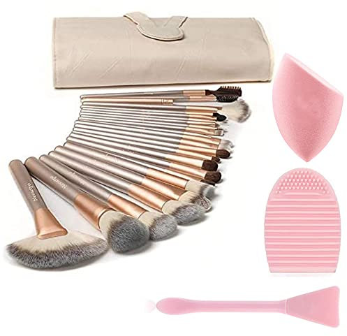 NEVSETPO Makup Brushes,18Pcs Professional Makeup Brushes with Sponge Blender Brush Cleaner Silicone Face Mask Brush Full Face Makeup Travel Case PU Bag Included, Champagne