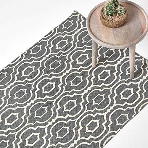 HOMESCAPES Geometric Printed Rug 'Riga' 100% Cotton Grey & White Rug, 160 x 230 cm