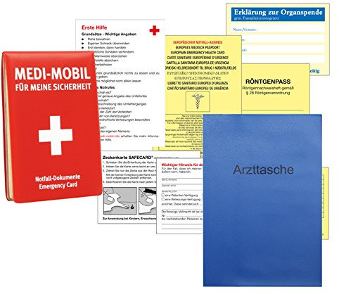 Medi-Mobil Notfall Informationsset DIN A7 (ca. 11 x 8 cm) mit Zeckenkarte, Organspendeausweis, Erste Hilfe Tipps inkl. Arzttasche gratis