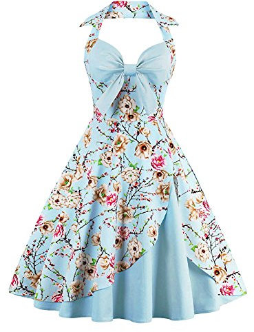 IWEMEK Damen Halter Vintage 1950er Rockabilly Retro Kleider Elegantes 50er Pinup Hepburn-Stil Swing Neckholder Knielang Abendekleider Partykleider Cocktailkleider Faltenrock Blau M