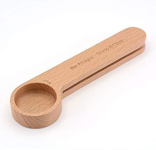 Cuchara de café de madera y clip de bolsa, 1 cuchara medidora 2 en 1 bolsas selladora cuchara medidora para granos de tierra, café espresso y té de hierba suelta por Bar Amigos