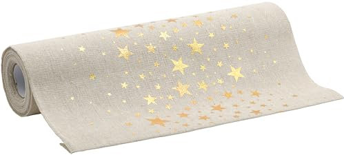 100%Mosel Tischläufer Leinenoptik Natur, Sterne in Gold, (28 cm x 5 m), Tischband, edle Tischdeko für Weihnachten & Adventszeit, Festliche Dekoration zu besonderen Anlässen