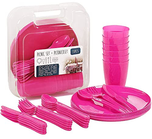 Juego de 31 utensilios de plástico para camping, picnic, barbacoa, con cuchillos, tenedores, cucharas, tazas y platos (rosa)