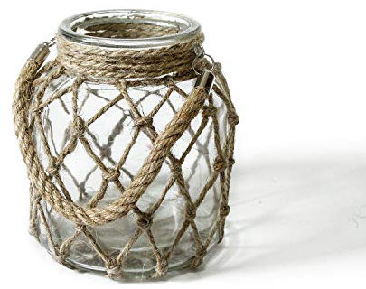 Funsoba Rustic Hanging Mason Nautical Jar Creative Rope Net Dry Flower Glass Vase with Handle 6.5 Inch