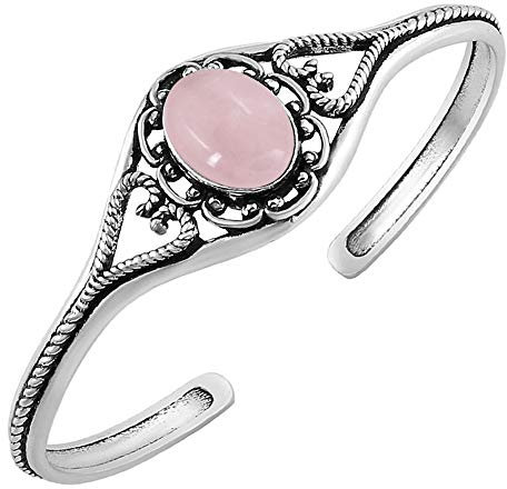 Rose Quartz Cuff Bangle Bracelet for Women – Handmade 925 Silver Plated Adjustable Jewelry Bracelet – Natural Gemstone Janaury Birthstone Statement Bangle – Elegant Gift for Her