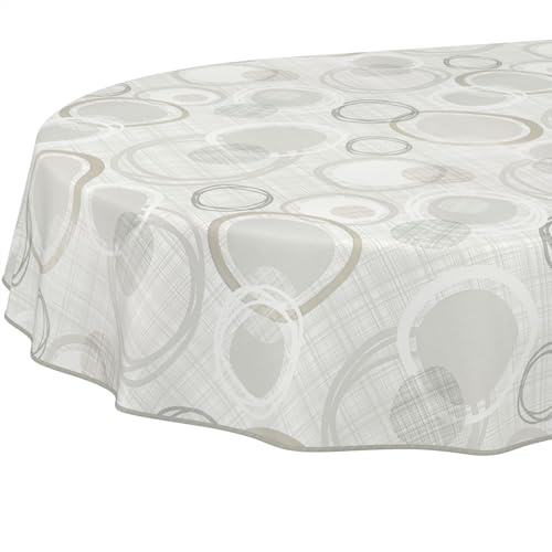 ANRO Tischdecke Wachstuch abwaschbar Wachstuchtischdecke Wachstischdecke Kreise Geometrie Weiß Grau Oval 220x140cm mit Saum - Eingefasst