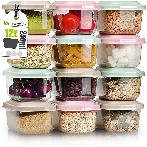 idea-station Vorratsdosen mit Deckel 12 x 250 ml - pastell - stapelbares Frischhaltedosen Set - perfekt als Snackbox für Kinder oder Gefrierdosen einsetzbar