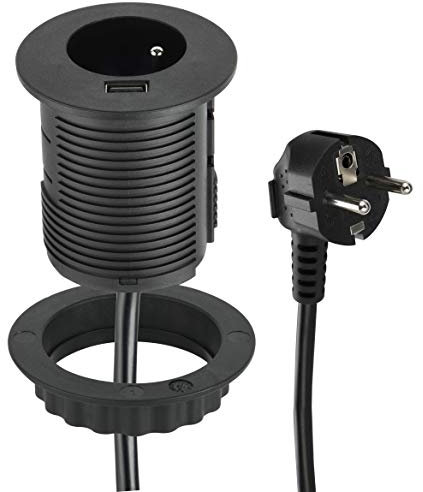 Electraline 35432 Bloc Multiprise Encastrable Compacte avec 1 Prise + 1 Port USB 2.0A Charge Rapide, pour Bureau/Table, 60 mm de diamètre, Facile a Installer, prolongateur de 2M de câble, Noir