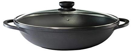 KHG Bratpfanne Wok 36 cm Induktion, Antihaft | 5,5 Liter Volumen, aus Aluminium Schwarz | XXL Kochgeschirr Pfanne mit Glasdeckel | spülmaschinengeeignet, backofengeeignet
