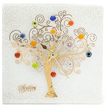 Sospiri Venezia Orologio da Tavolo Vetro Murano Meccanismo Silenzioso Decorato Murrine e Foglia Oro Idea Regalo Realizzato a Mano Made Italy (19x19 cm)
